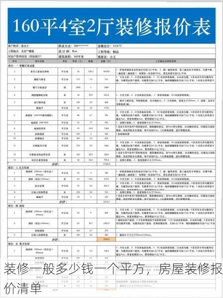 装修一般多少钱一个平方，房屋装修报价清单